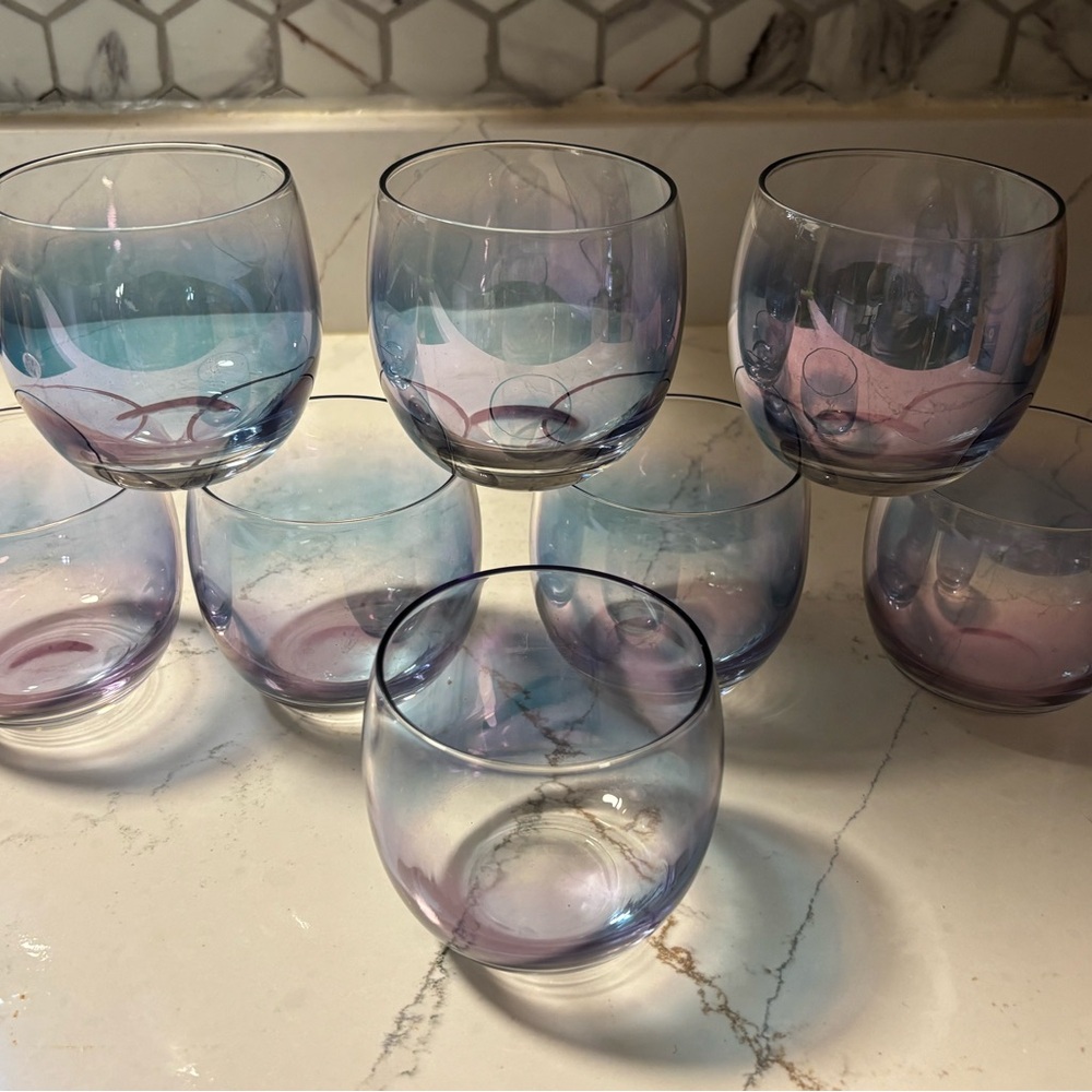 Vintage set of 8 Roly Poly Iridescent Glasses